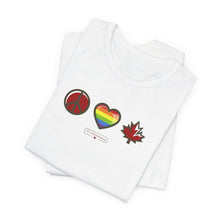 Load image into Gallery viewer, LGBTQ Peace Love Canada Unisex Jersey Short Sleeve Tee