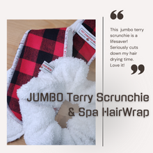 Load image into Gallery viewer, red plaid hairwrap and white terry scruncie on a wood background with a customer testimonial