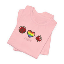 Load image into Gallery viewer, LGBTQ Peace Love Canada Unisex Jersey Short Sleeve Tee
