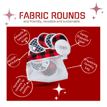 Load image into Gallery viewer, reusable fabric rounds sustainable cloth laundry bag on a red background
